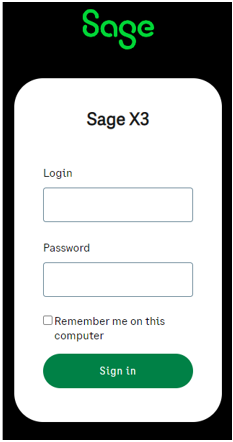 The screen to sign in to Sage X3 from your handheld device.